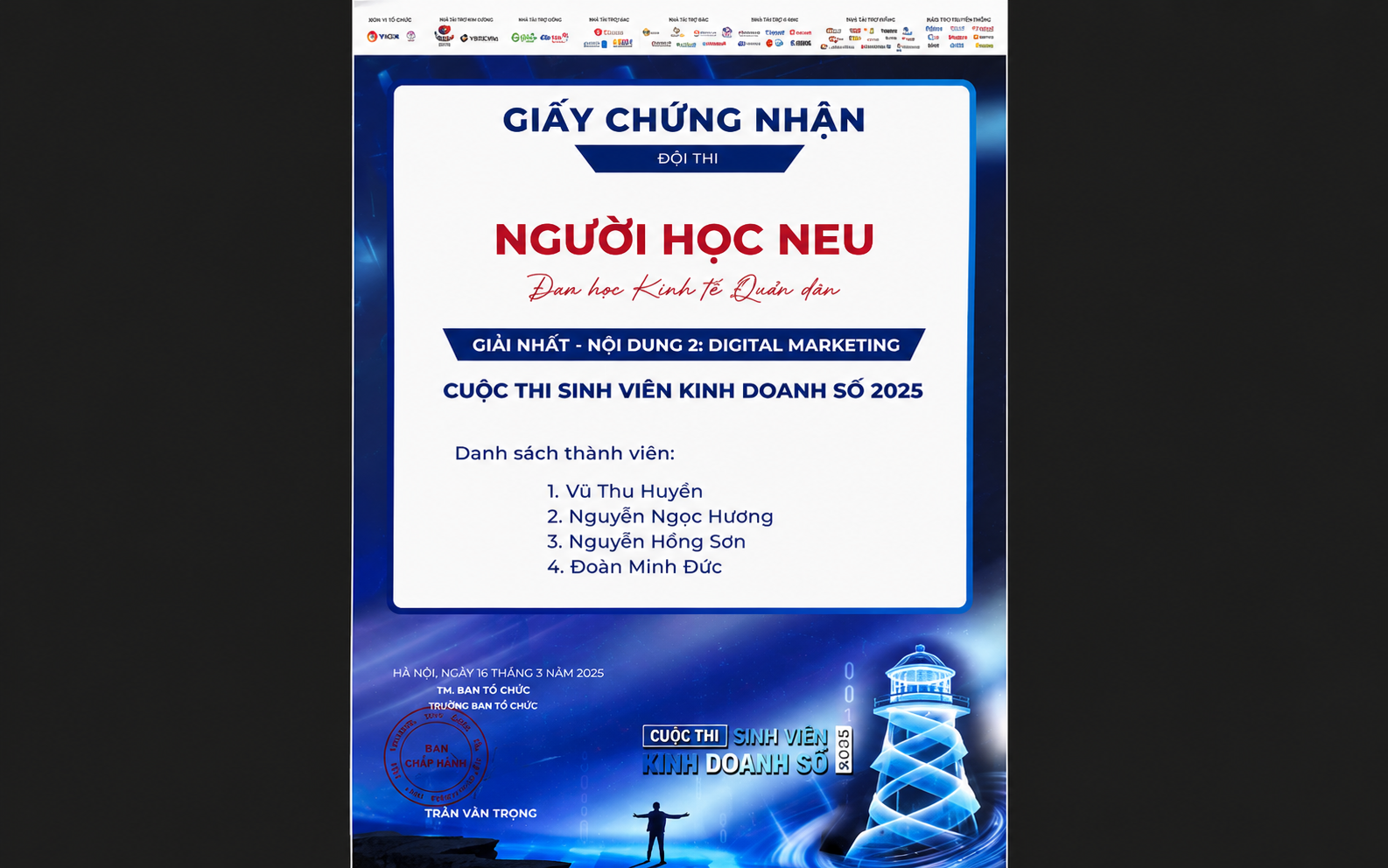 Chứng nhận Giải Nhất Digital Marketing